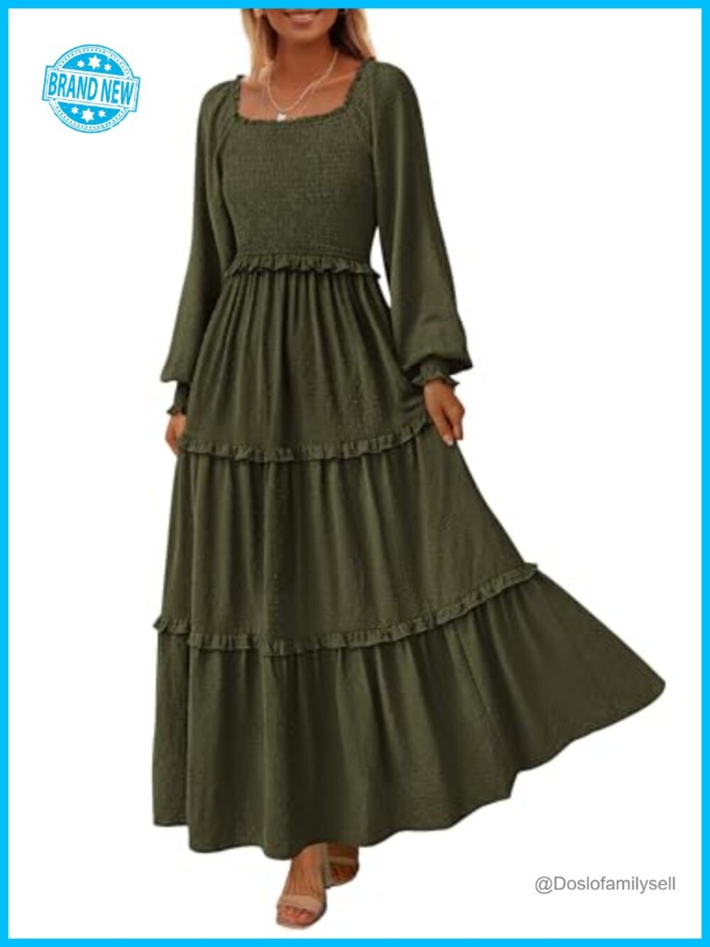 Smocked Long Sleeve Maxi Dress Swiss Dot Ruffle Hem Square Neck Casual
